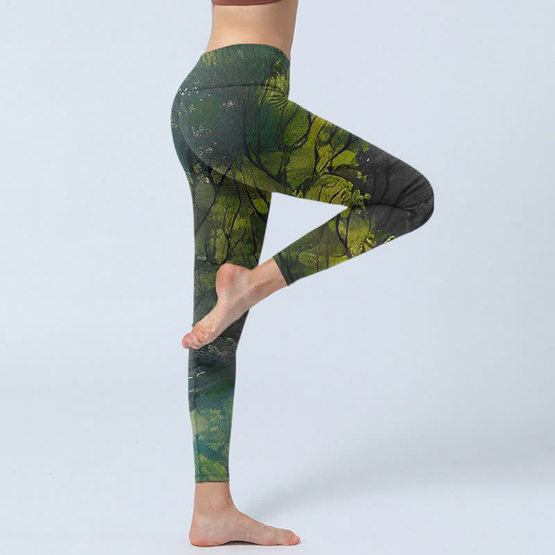 Buddha Stones ForestGreen Leaves Black Lines Print Exercise Leggings Women's Yoga Pants