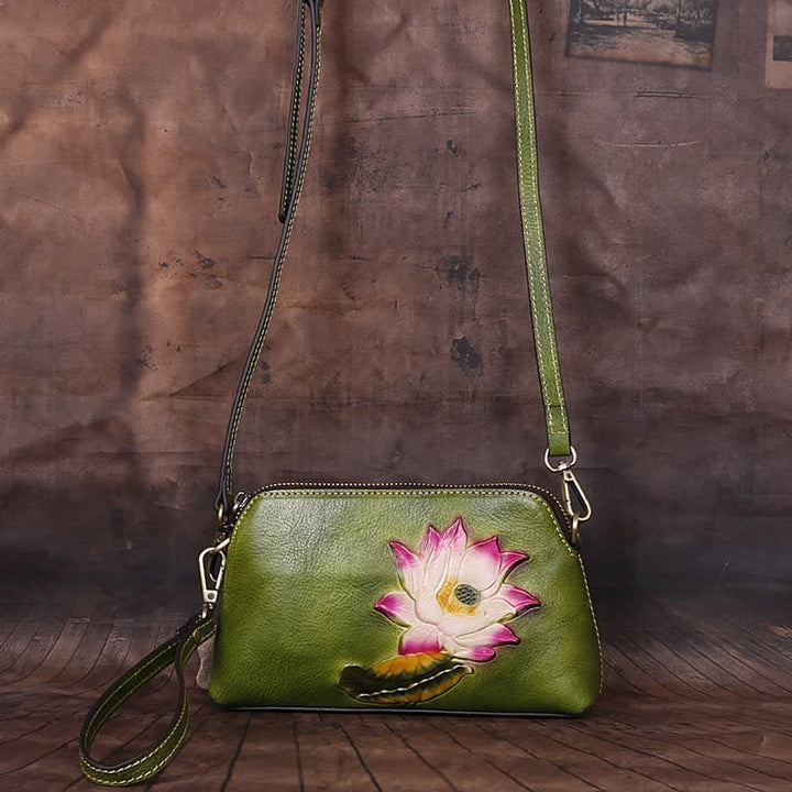 Buddha Stones Pink Lotus Flower Leaf Printed Leather Bag Journey Shopping Purse Handbag Shoulder Bag Crossbody Bag