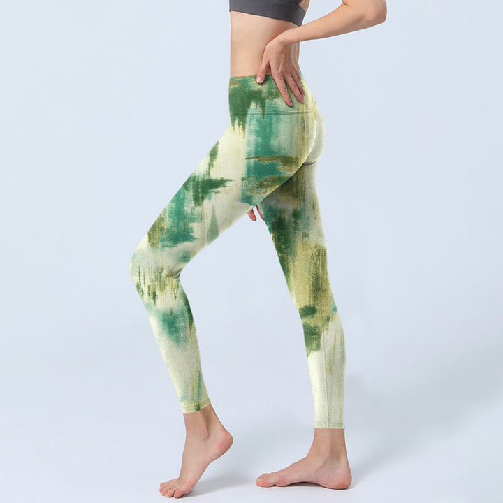 Buddha Stones Beige Green Tie Dye Print Exercise Leggings Women's Yoga Pants - image 3