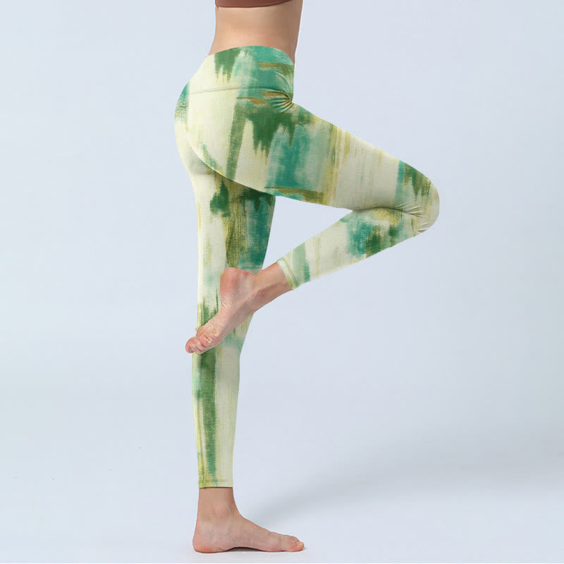 Buddha Stones Beige Green Tie Dye Print Exercise Leggings Women's Yoga Pants