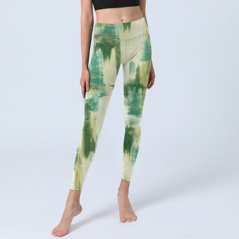 Buddha Stones Beige Green Tie Dye Print Exercise Leggings Women's Yoga Pants - image 6