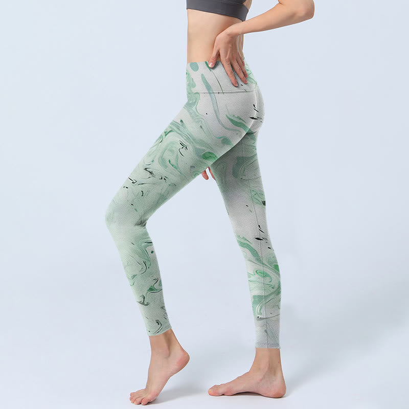 Buddha Stones Honeydew Green White Flow Line Print Exercise Leggings Women's Yoga Pants - image 2