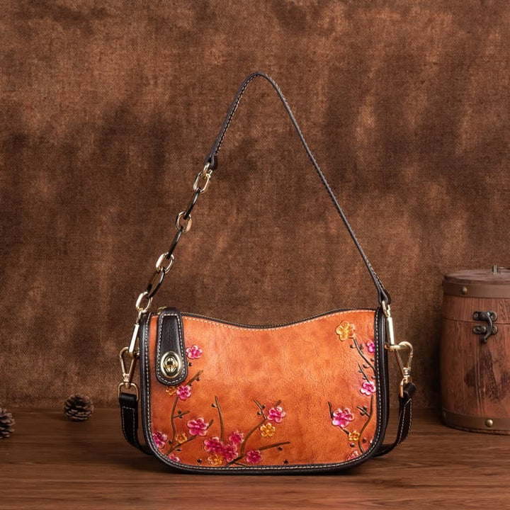 Buddha Stones Retro Flowers Printed Leather Bag Journey Shopping Purse Handbag Shoulder Bag Crossbody Bag