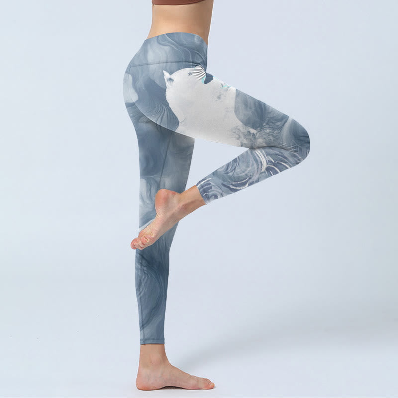 Buddha Stones Light Slate Gray White Cat Exercise Leggings Women's Yoga Pants