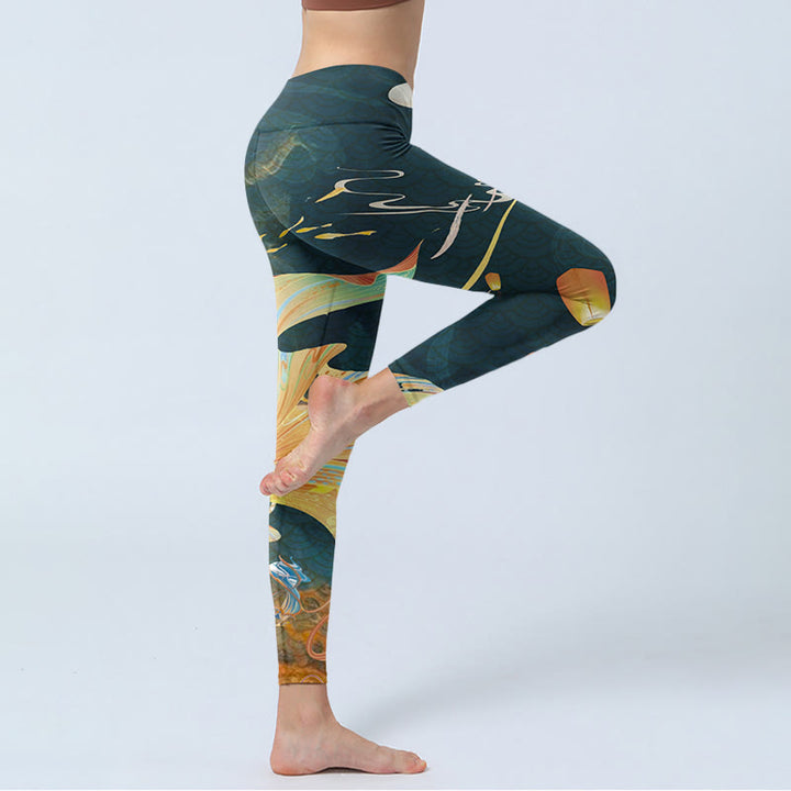 Buddha Stones Dark Slate Gray Double Koi Fish Sky Lantern Tower Exercise Leggings Women's Yoga Pants