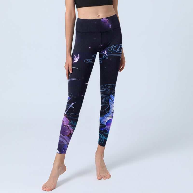 Buddha Stones Midnight Blue Flower Purple Butterfly Exercise Leggings Women's Yoga Pants