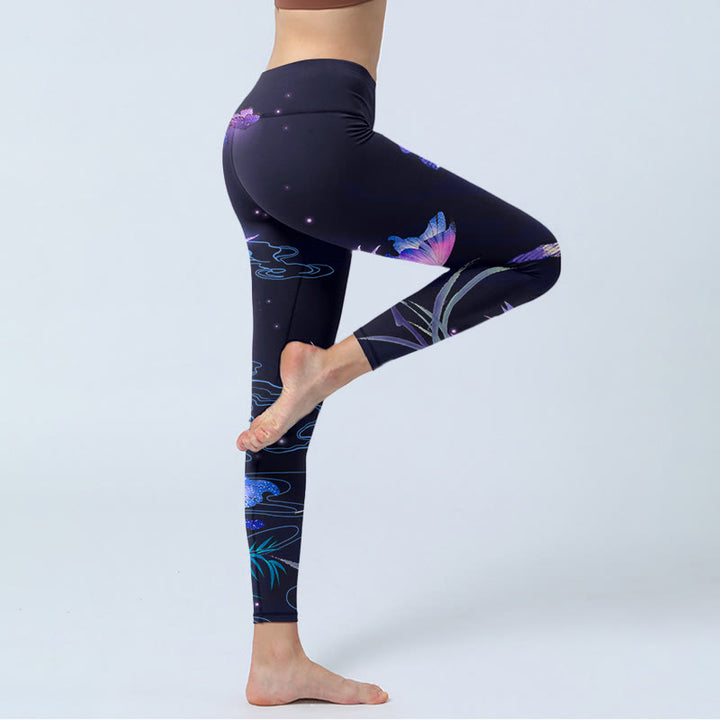 Buddha Stones Midnight Blue Flower Purple Butterfly Exercise Leggings Women's Yoga Pants