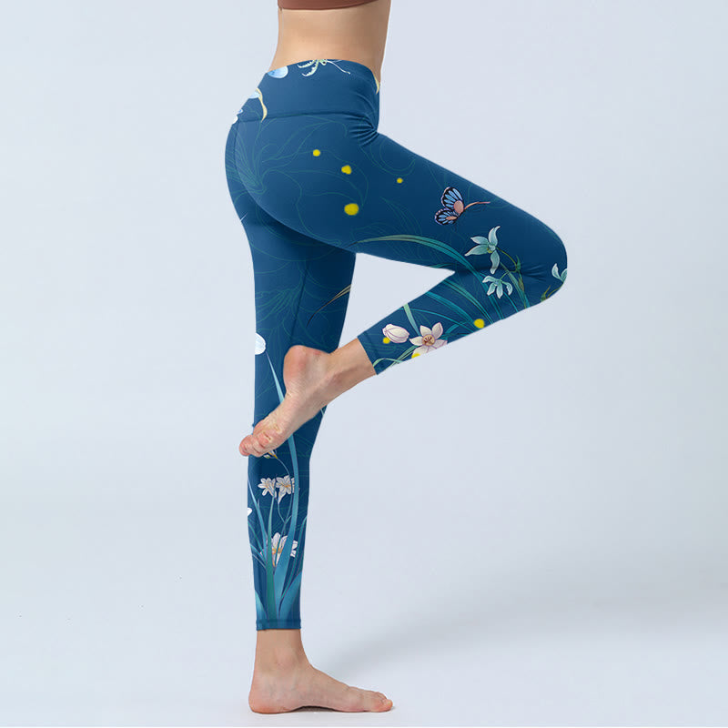 Buddha Stones SteelBlue Small White Flowers Butterfly Exercise Leggings Women's Yoga Pants