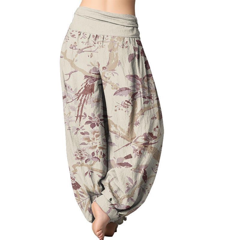 Buddha Stones Birds Branches Flowers Pattern Women's Elastic Waist Harem Pants