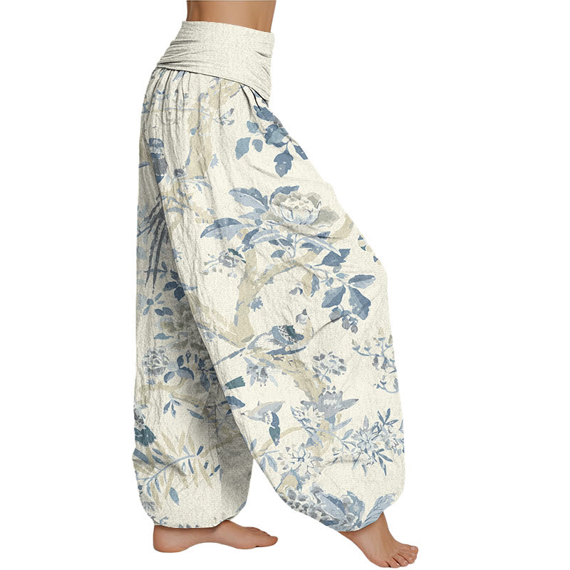 Buddha Stones Birds Branches Flowers Pattern Women's Elastic Waist Harem Pants