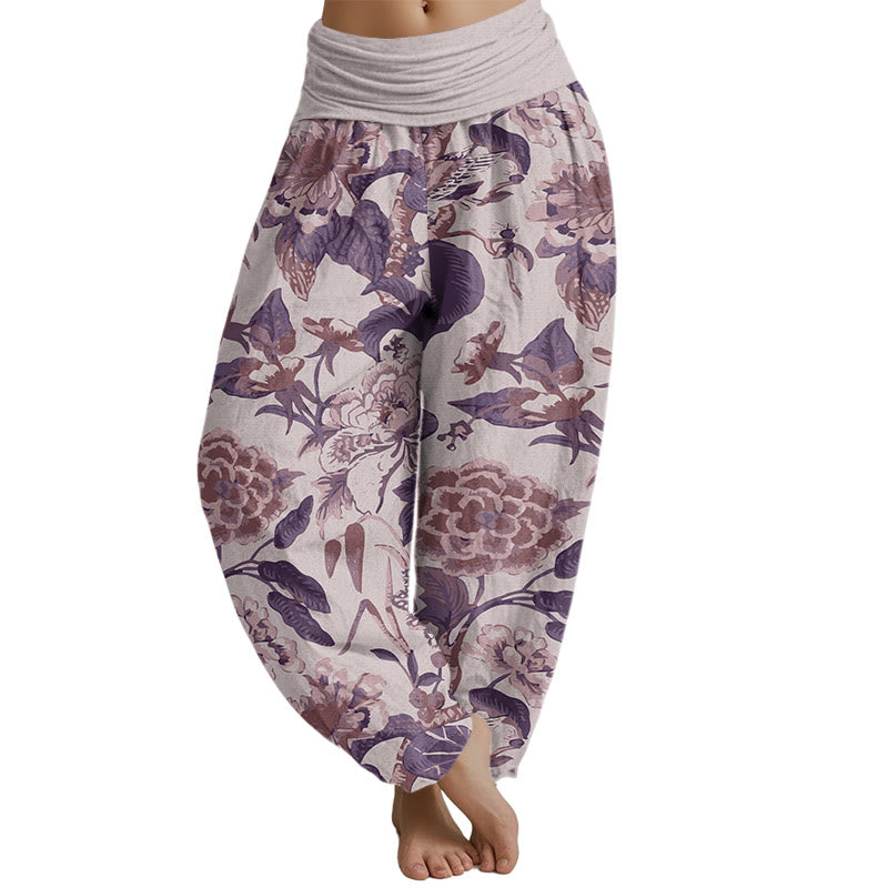 Buddha Stones Lotus Leaf Peony Pattern Women's Elastic Waist Harem Pants