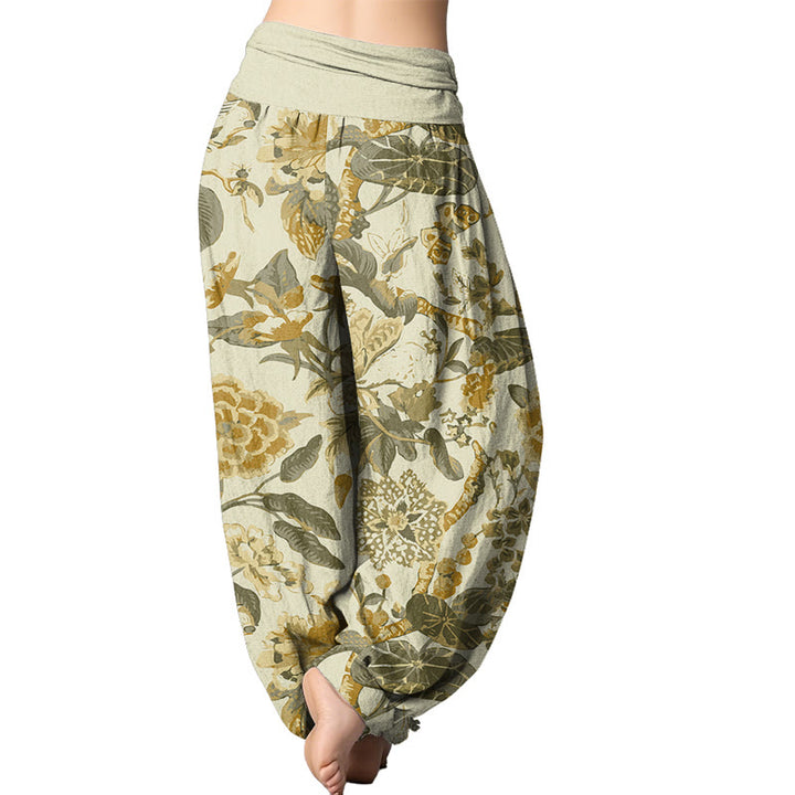 Buddha Stones Lotus Leaf Peony Pattern Women's Elastic Waist Harem Pants