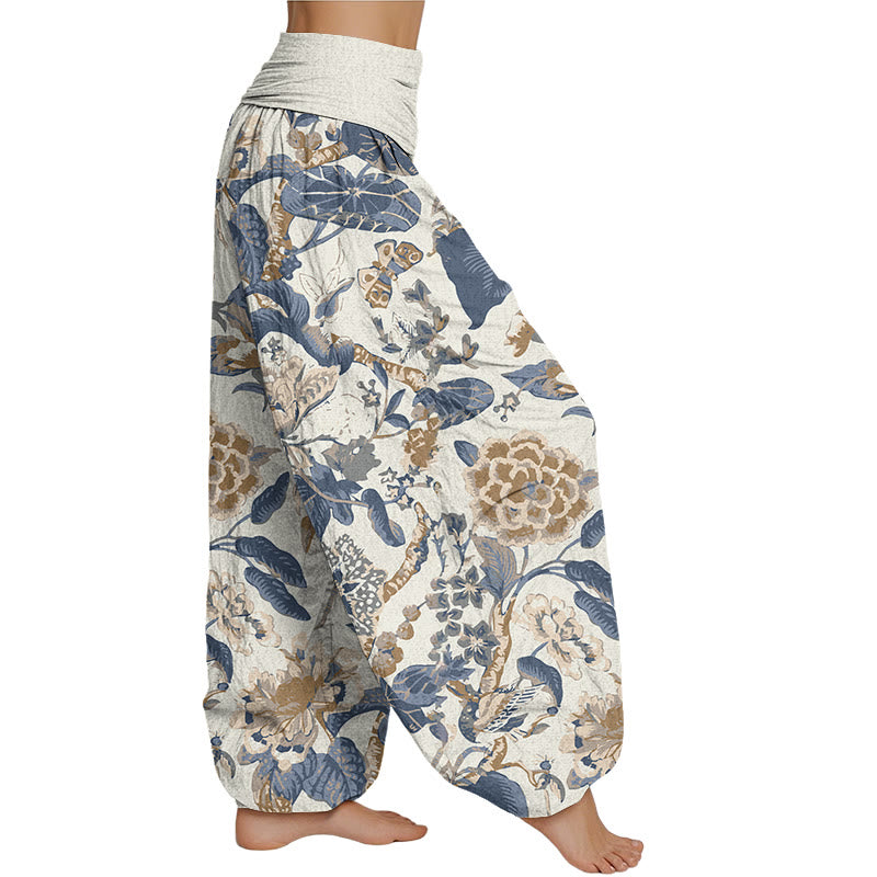 Buddha Stones Lotus Leaf Peony Pattern Women's Elastic Waist Harem Pants