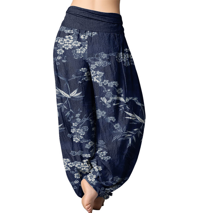 Buddha Stones White Sakura Flower Pattern Women's Elastic Waist Harem Pants