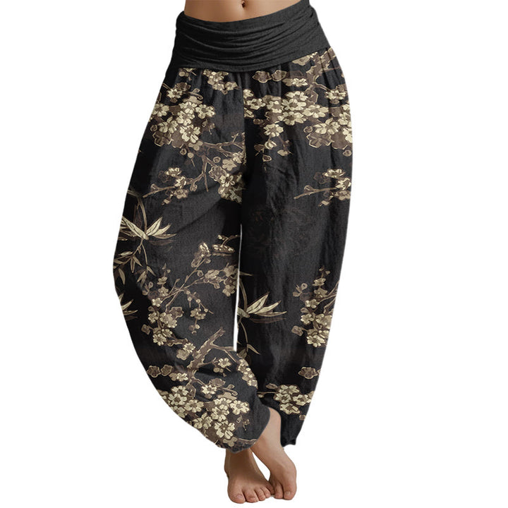 Buddha Stones White Sakura Flower Pattern Women's Elastic Waist Harem Pants