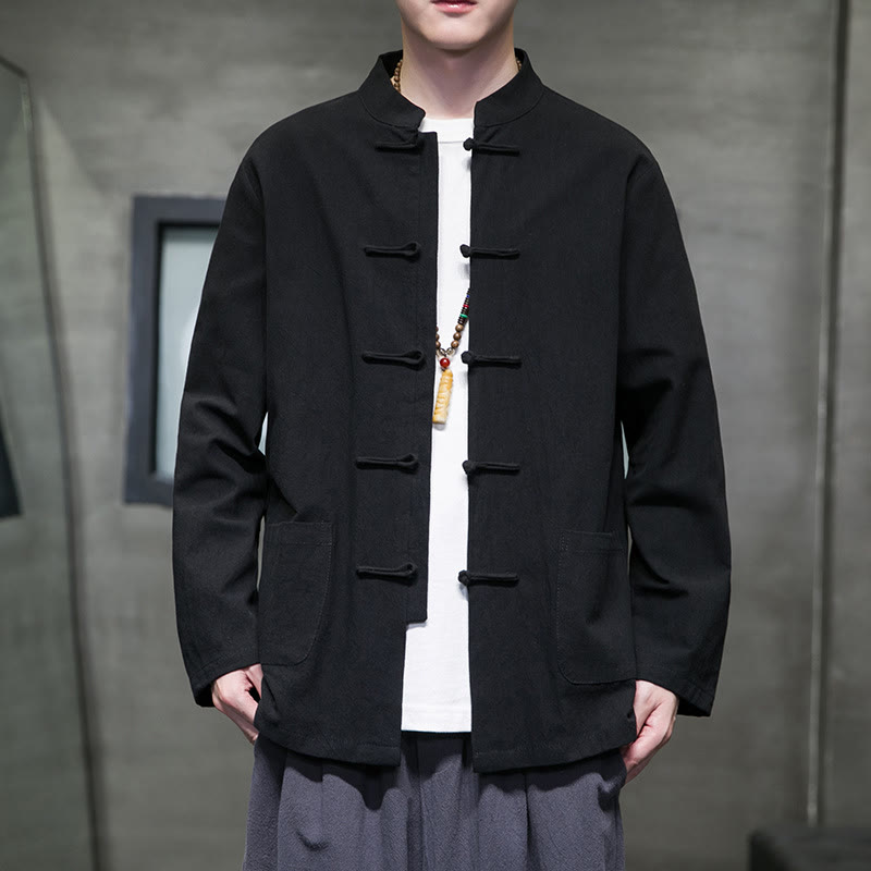 Buddha Stones Simple Frog-Button Chinese Tang Suit Cotton Men Jacket Shirt With Pockets - Black - US/UK/AU46，EU56 (5XL) - image 44