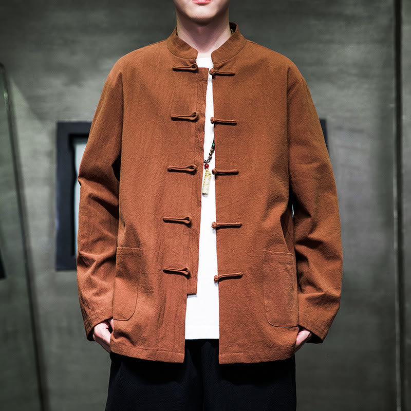 Buddha Stones Simple Frog-Button Chinese Tang Suit Cotton Men Jacket Shirt With Pockets - SandyBrown - US/UK/AU46，EU56 (5XL) - image 24