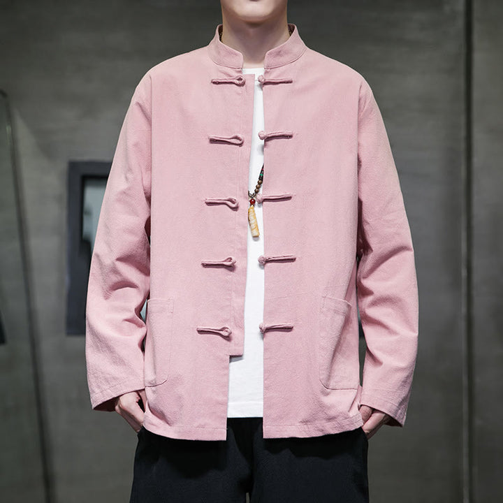 Buddha Stones Simple Frog-Button Chinese Tang Suit Cotton Men Jacket Shirt With Pockets - Pink - US/UK/AU46，EU56 (5XL) - image 30