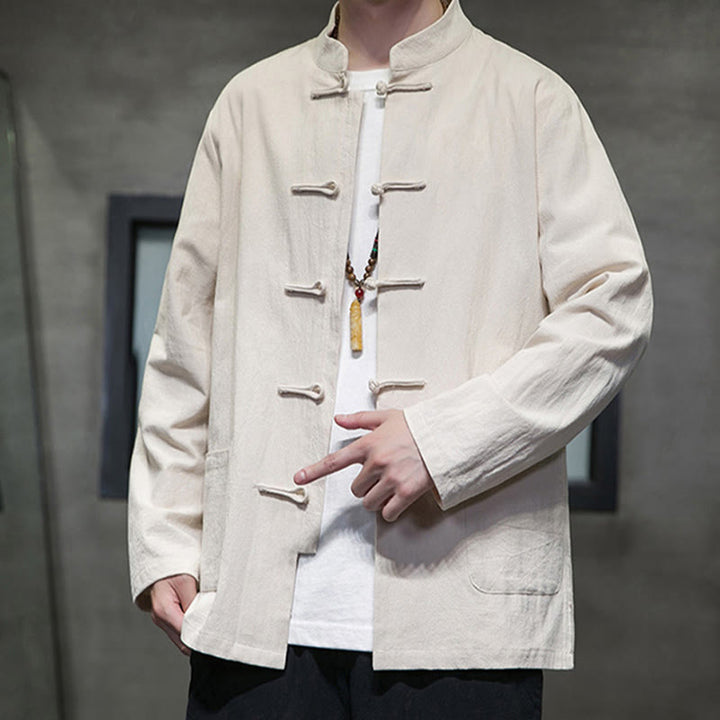 Buddha Stones Simple Frog-Button Chinese Tang Suit Cotton Men Jacket Shirt With Pockets - image 11