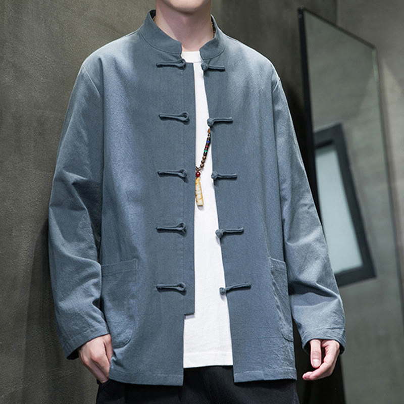 Buddha Stones Simple Frog-Button Chinese Tang Suit Cotton Men Jacket Shirt With Pockets - image 19