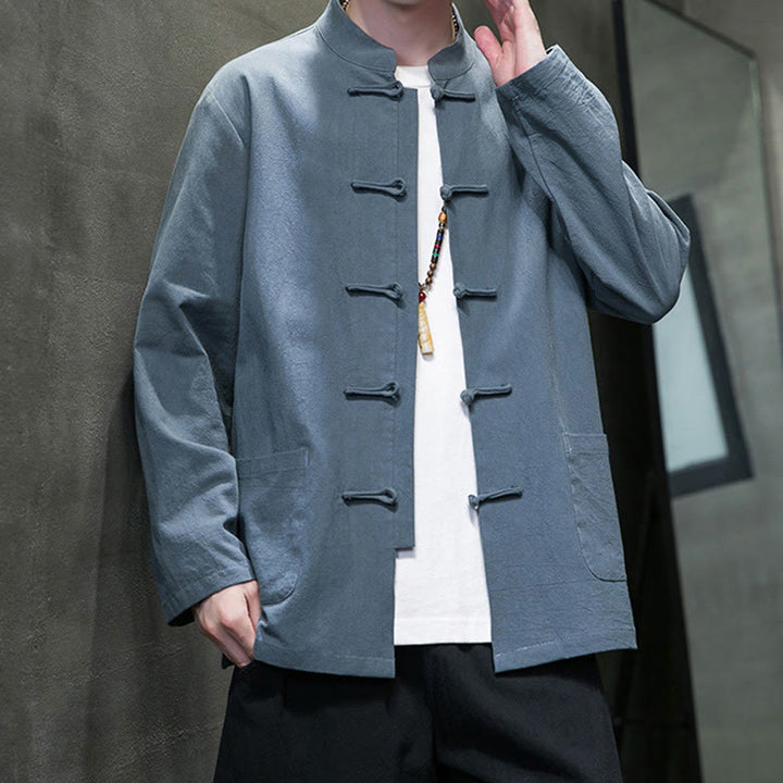 Buddha Stones Simple Frog-Button Chinese Tang Suit Cotton Men Jacket Shirt With Pockets - image 18