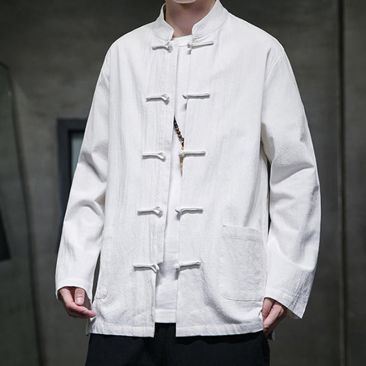 Buddha Stones Simple Frog-Button Chinese Tang Suit Cotton Men Jacket Shirt With Pockets - image 1
