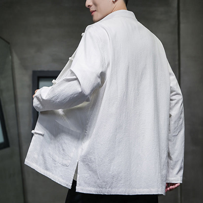 Buddha Stones Simple Frog-Button Chinese Tang Suit Cotton Men Jacket Shirt With Pockets - image 2