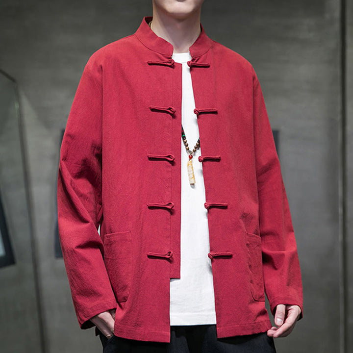 Buddha Stones Simple Frog-Button Chinese Tang Suit Cotton Men Jacket Shirt With Pockets - image 42