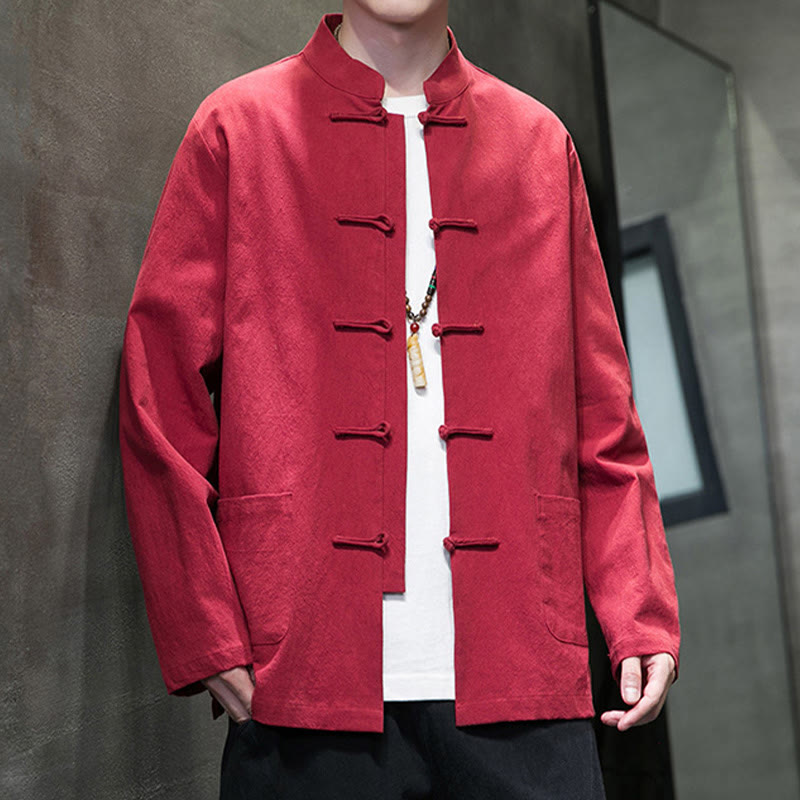Buddha Stones Simple Frog-Button Chinese Tang Suit Cotton Men Jacket Shirt With Pockets - image 40