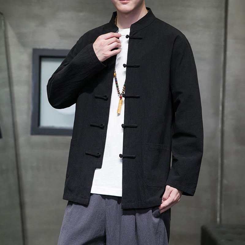 Buddha Stones Simple Frog-Button Chinese Tang Suit Cotton Men Jacket Shirt With Pockets - image 46