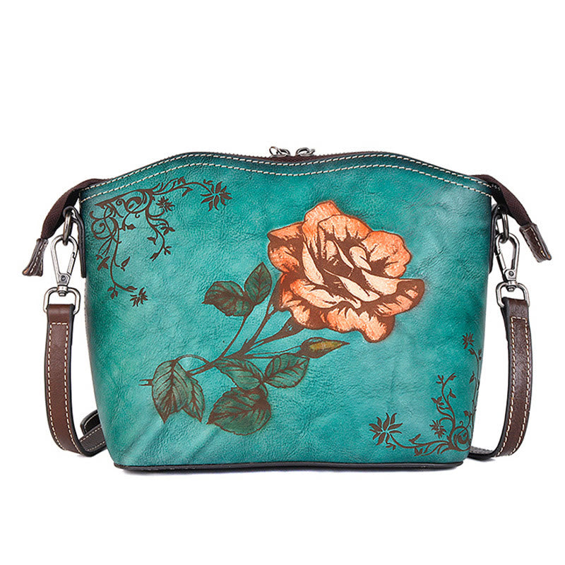 Buddha Stones Retro Rose Printed Leather Bag Journey Shopping Purse Handbag Shoulder Bag Crossbody Bag