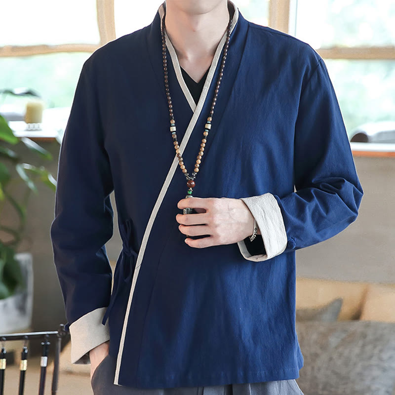 Buddha Stones Fall Colorblock Long Sleeve Shirt Linen Lace-up Men Clothing - SteelBlue - US/UK/AU46，EU56 (5XL) - image 0