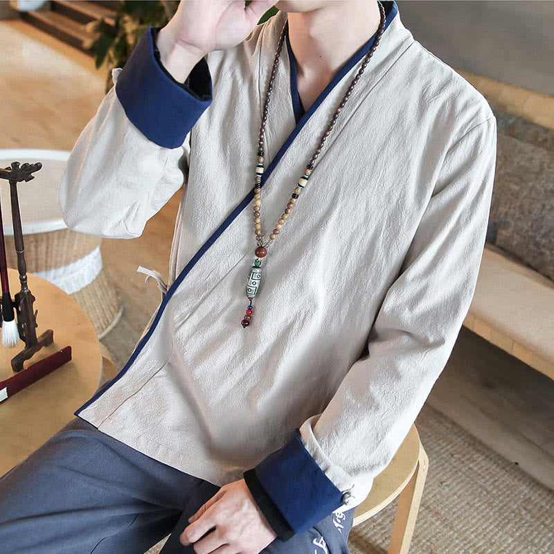 Buddha Stones Fall Colorblock Long Sleeve Shirt Linen Lace-up Men Clothing