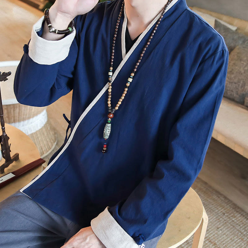 Buddha Stones Fall Colorblock Long Sleeve Shirt Linen Lace-up Men Clothing - image 3