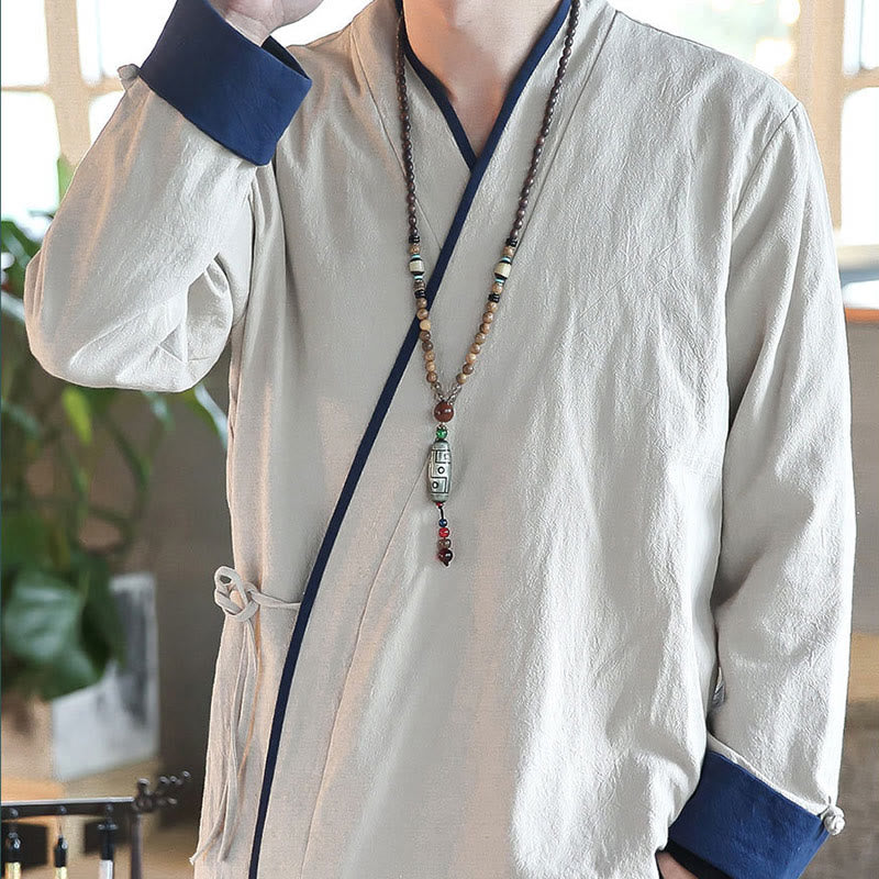 Buddha Stones Fall Colorblock Long Sleeve Shirt Linen Lace-up Men Clothing - image 11