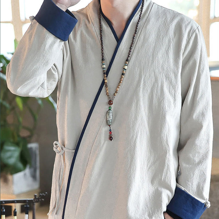 Buddha Stones Fall Colorblock Long Sleeve Shirt Linen Lace-up Men Clothing - image 11