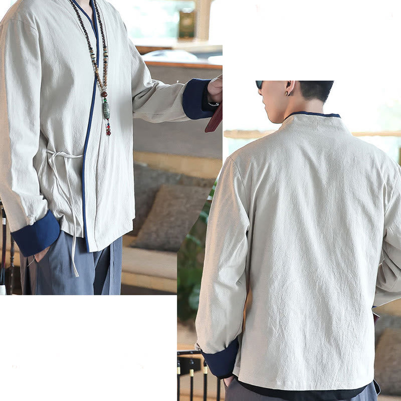 Buddha Stones Fall Colorblock Long Sleeve Shirt Linen Lace-up Men Clothing - image 16