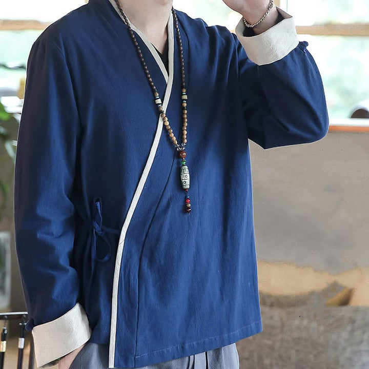 Buddha Stones Fall Colorblock Long Sleeve Shirt Linen Lace-up Men Clothing - image 1