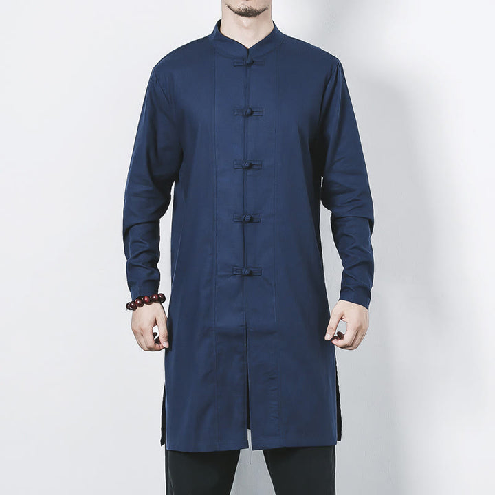 Buddha Stones Fall Simple Frog-Button Linen Men's Mid-length Coat Zen Clothing