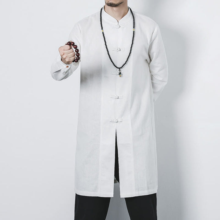 Buddha Stones Fall Simple Frog-Button Linen Men's Mid-length Coat Zen Clothing