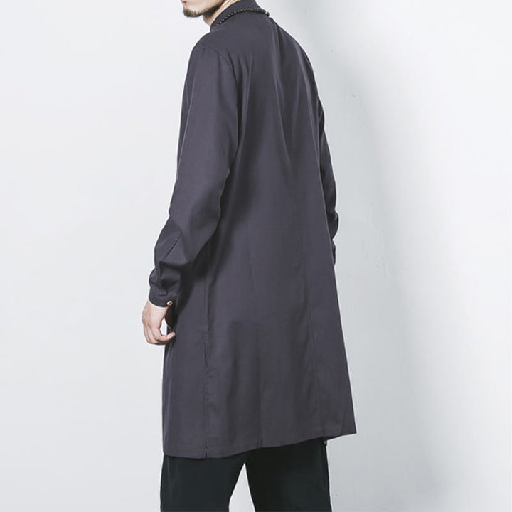 Buddha Stones Fall Simple Frog-Button Linen Men's Mid-length Coat Zen Clothing - image 24