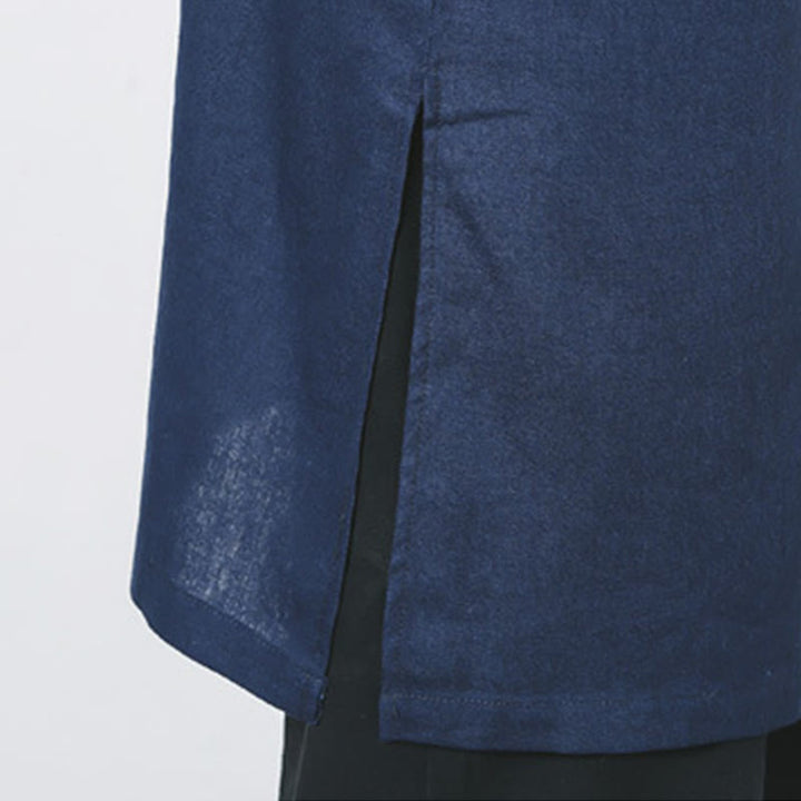Buddha Stones Fall Simple Frog-Button Linen Men's Mid-length Coat Zen Clothing - image 13