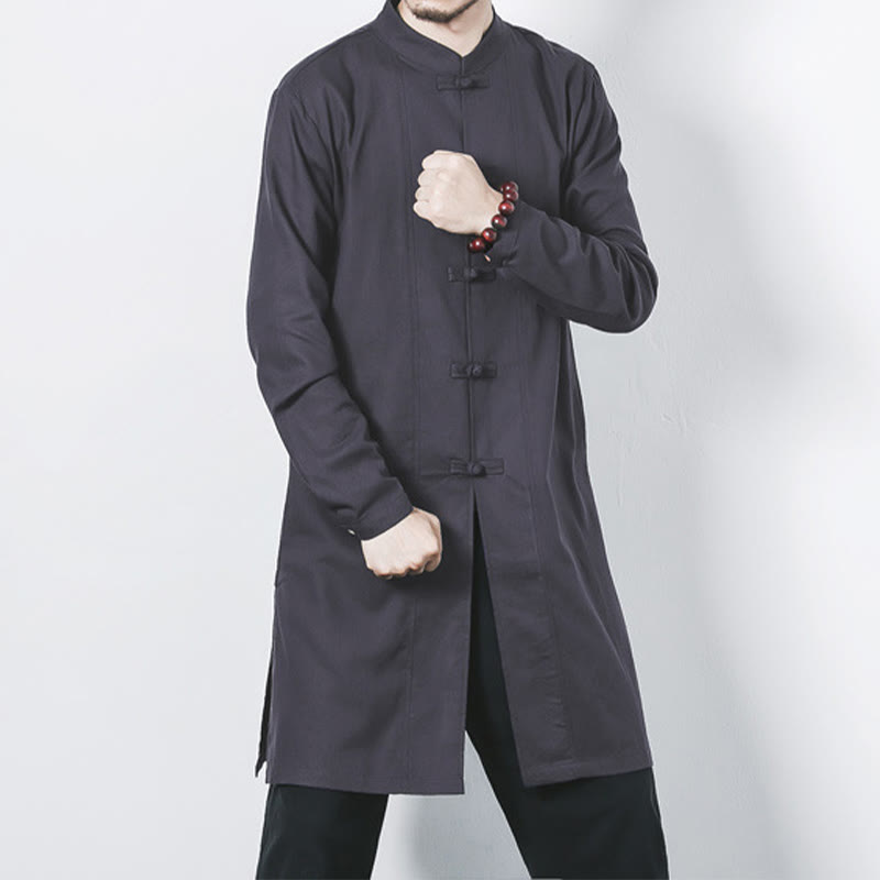 Buddha Stones Fall Simple Frog-Button Linen Men's Mid-length Coat Zen Clothing - Gray - US/UK/AU46，EU56 (5XL) - image 22
