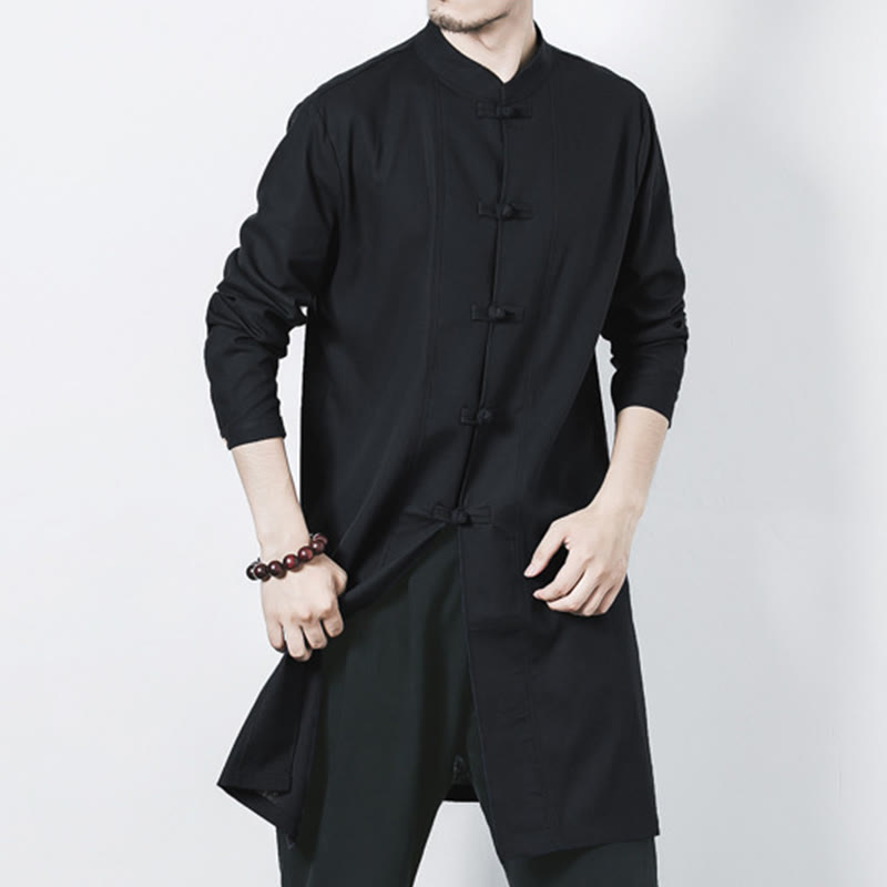 Buddha Stones Fall Simple Frog-Button Linen Men's Mid-length Coat Zen Clothing - image 18