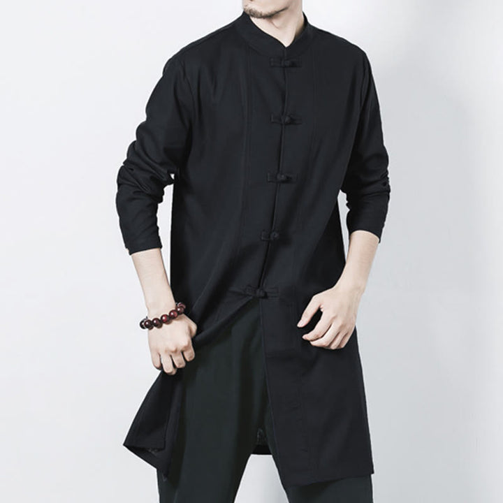 Buddha Stones Fall Simple Frog-Button Linen Men's Mid-length Coat Zen Clothing - image 18