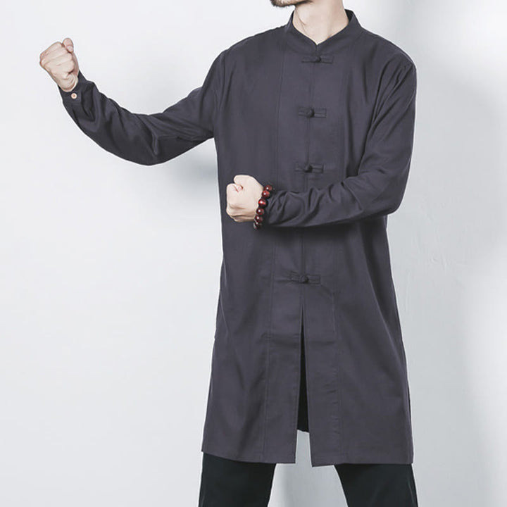 Buddha Stones Fall Simple Frog-Button Linen Men's Mid-length Coat Zen Clothing - image 25