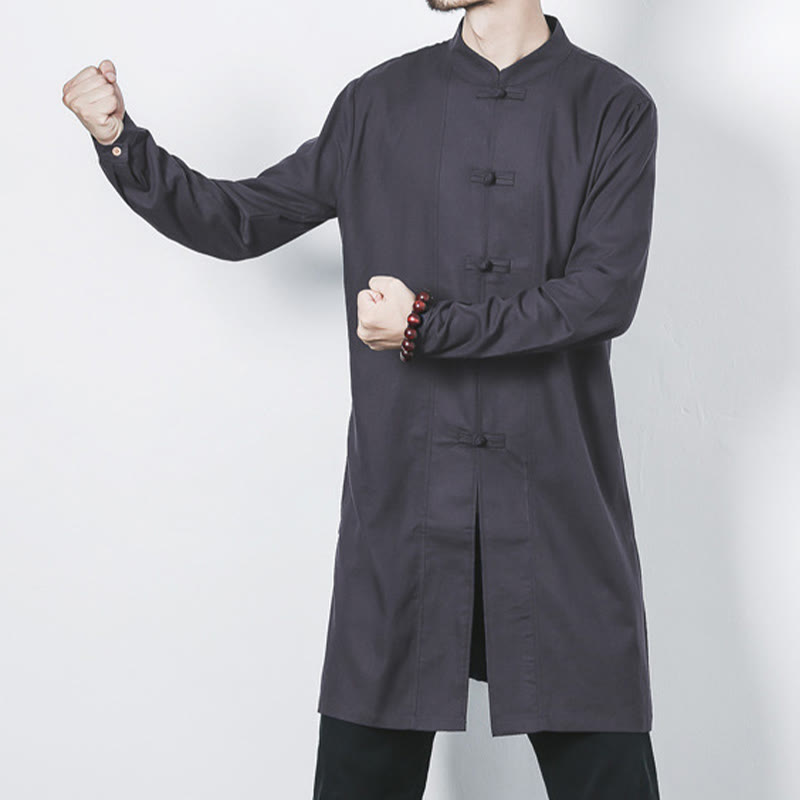 Buddha Stones Fall Simple Frog-Button Linen Men's Mid-length Coat Zen Clothing