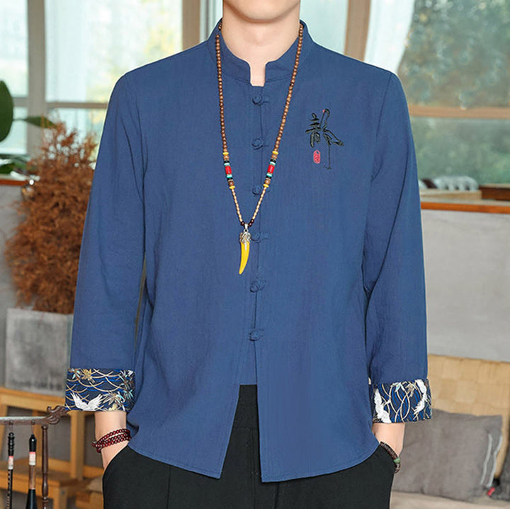 Buddha Stones Fall Solid Long Sleeve Frog-Button Shirt Linen Men Zen Clothing - SteelBlue - US/UK/AU46，EU56 (5XL) - image 21