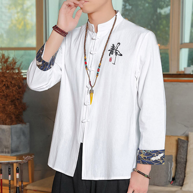 Buddha Stones Fall Solid Long Sleeve Frog-Button Shirt Linen Men Zen Clothing - image 4