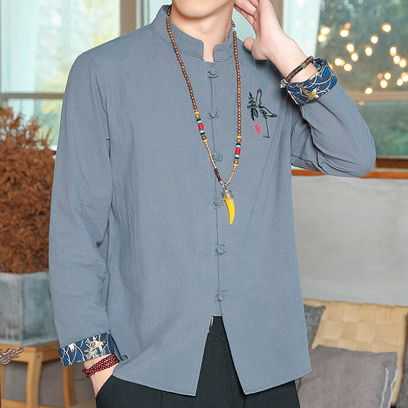 Buddha Stones Fall Solid Long Sleeve Frog-Button Shirt Linen Men Zen Clothing